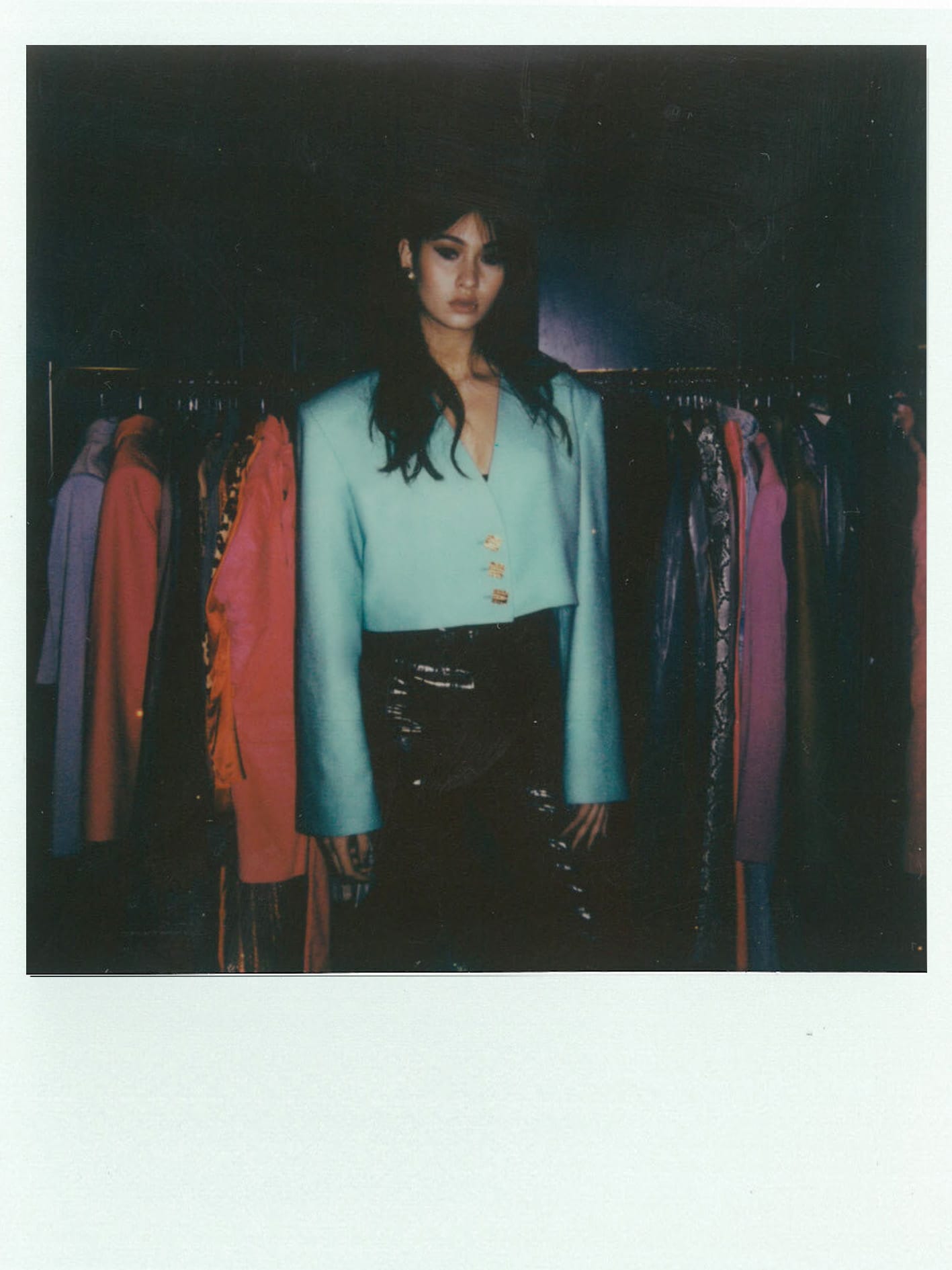 mint green cropped blazer v neckline gold buttons shoulder pads