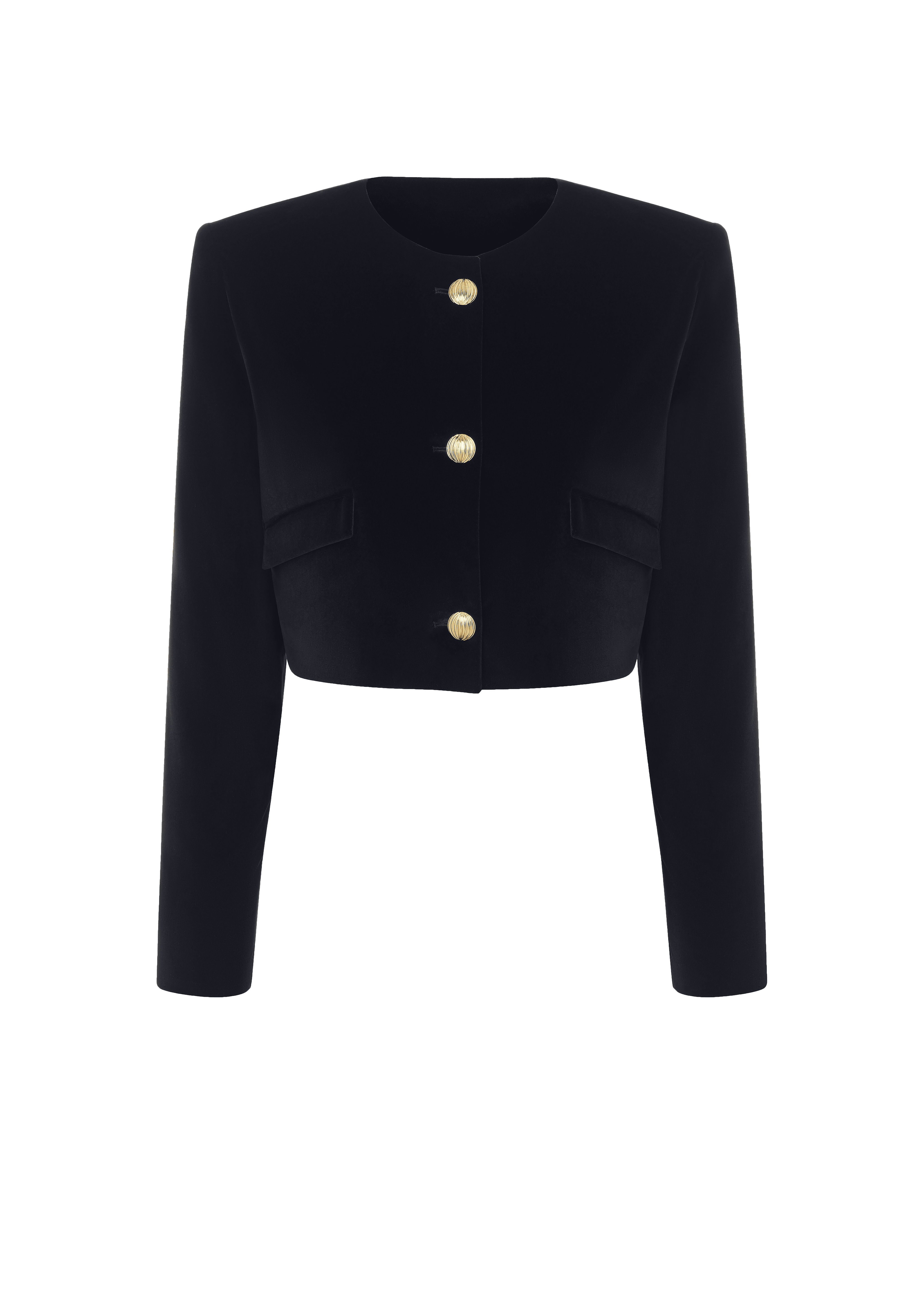 Black velvet cropped womens blazer pack shot