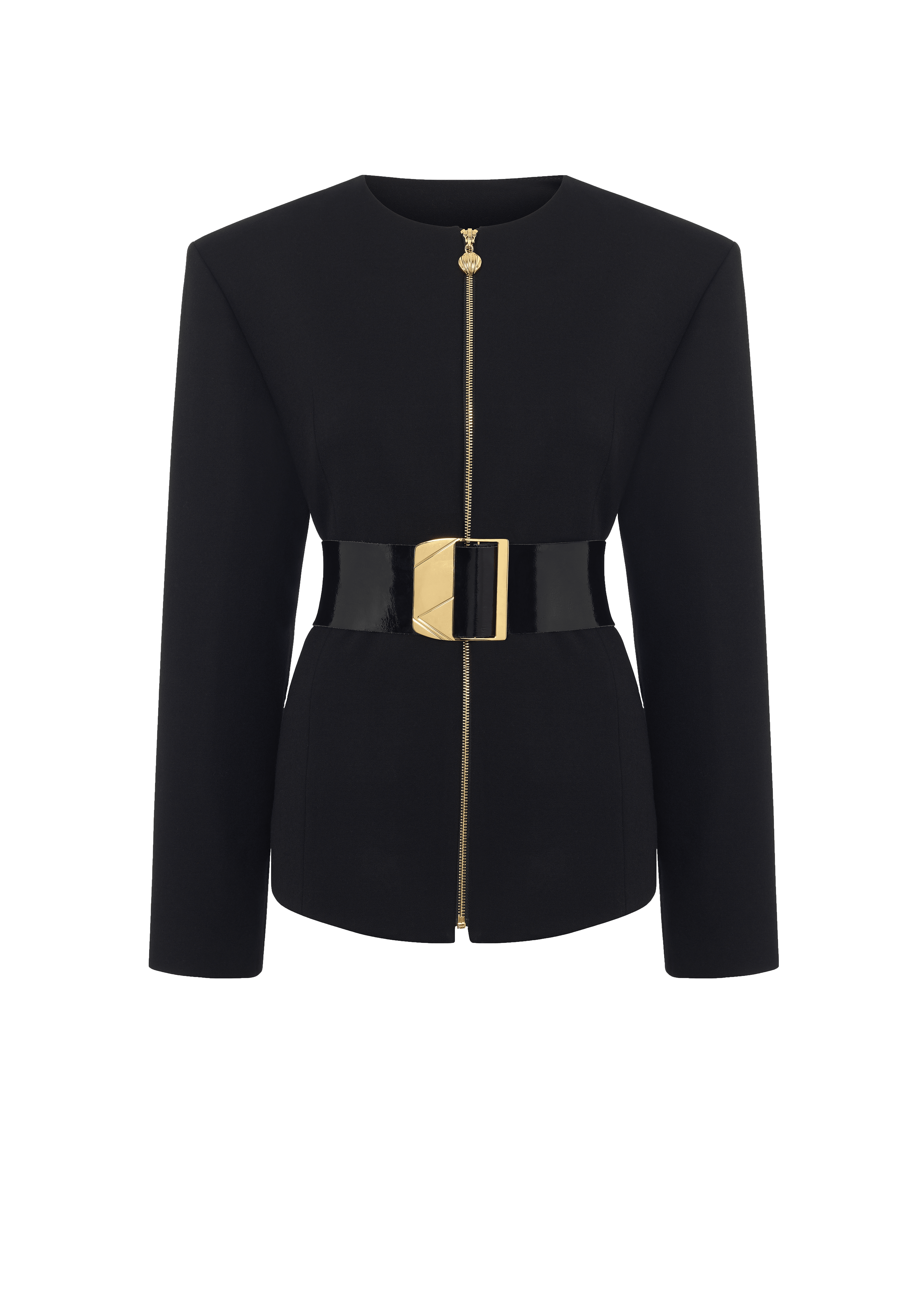 Belted black womens blazer with zip 