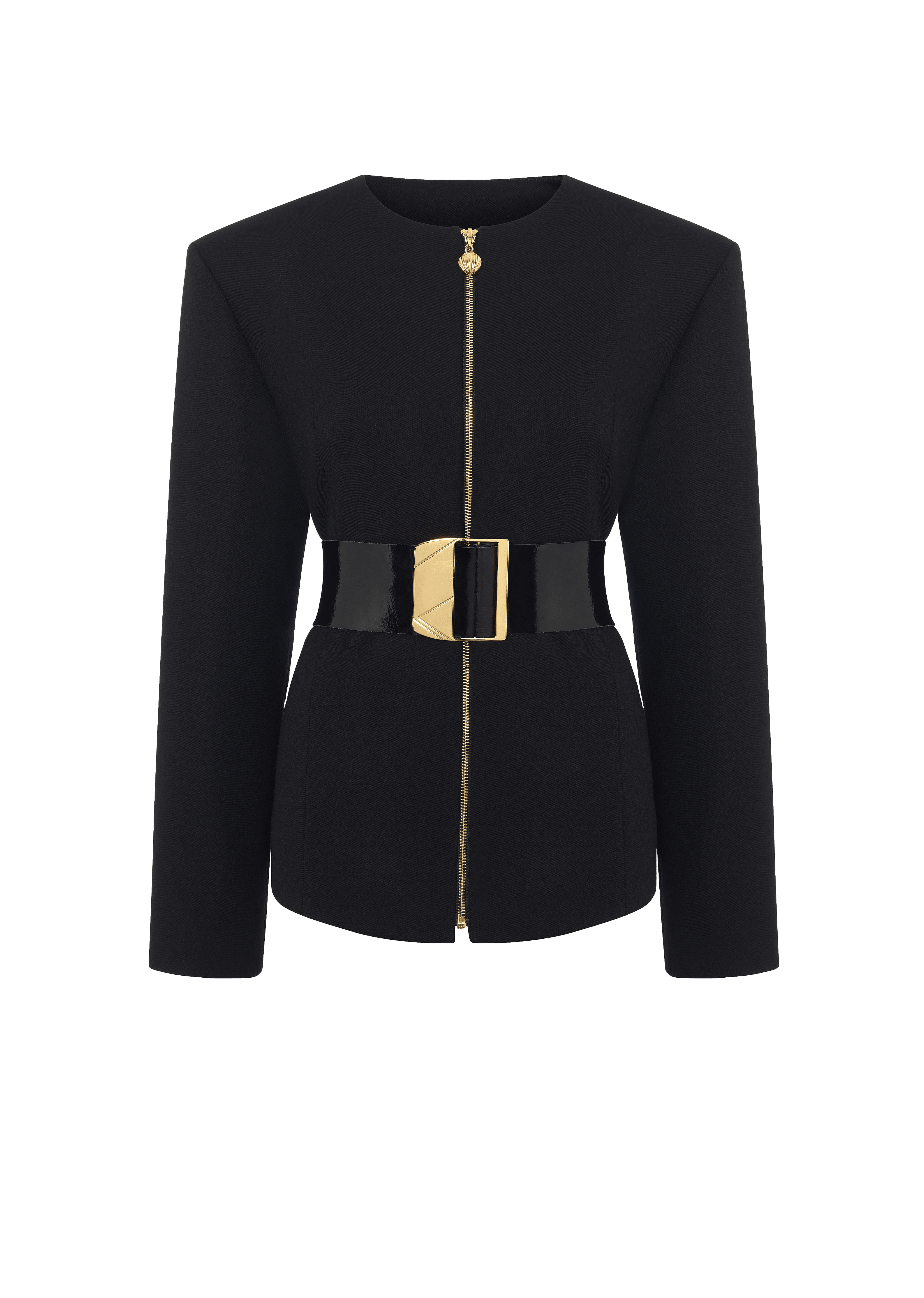 Belted black womens blazer with zip pack shot