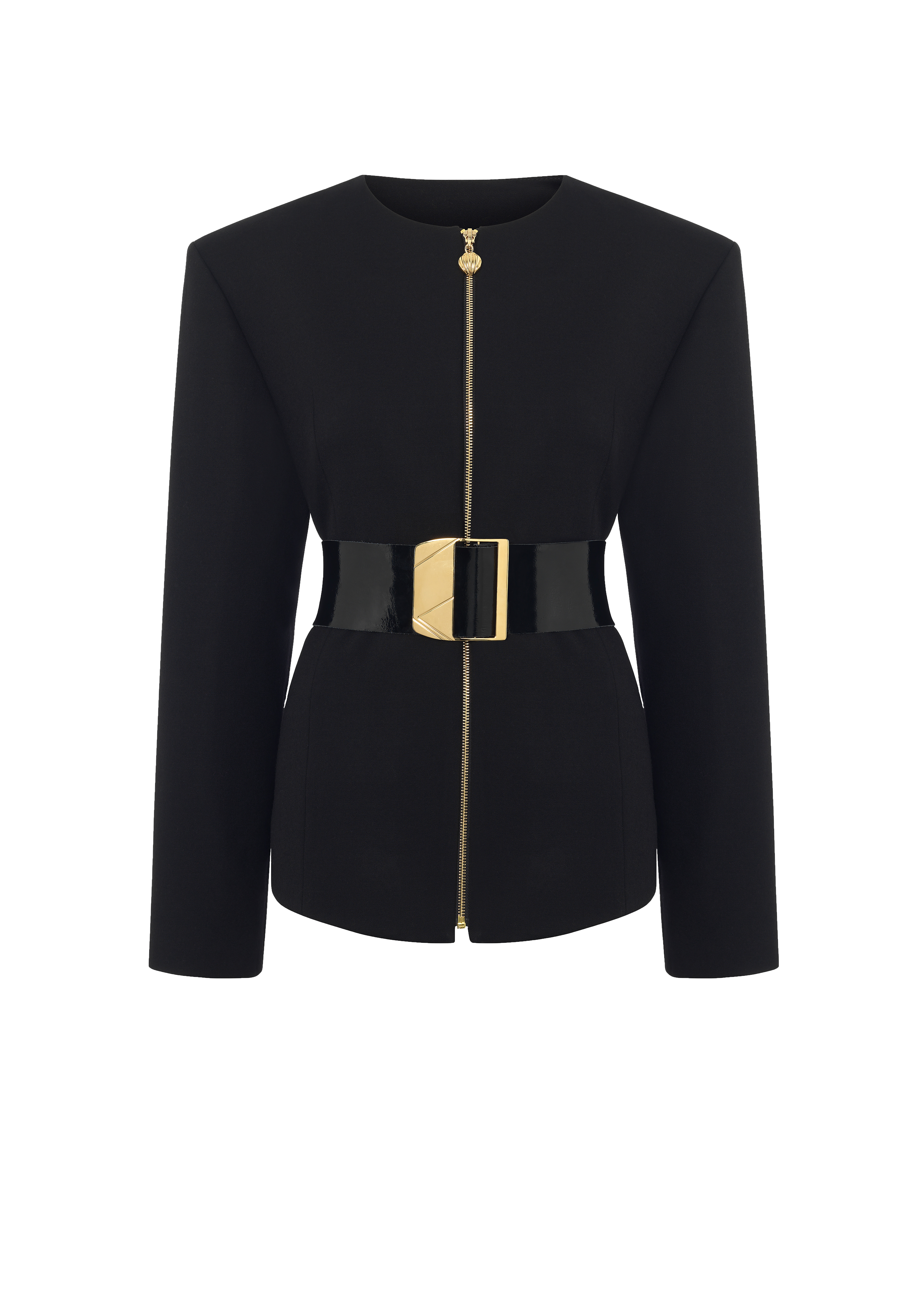 Belted black womens blazer with zip pack shot